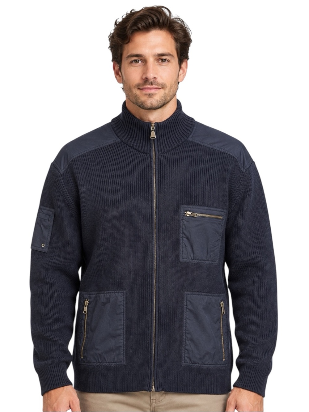 Calvin Klein Men’s Navy Blue Full Zip Cotton Utility Sweater Size Large